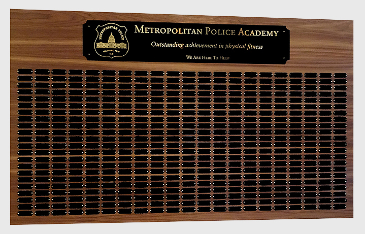 3 Foot x 5 foot custom walnut perpetual plaque with 462 
black brass plates