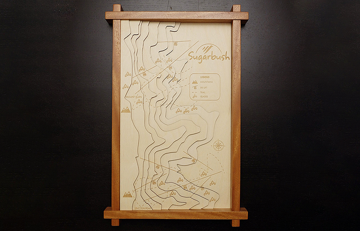 12 in. x 20 in. Custom 3D laser cut & engraved wood contour ski map with solid cherry frame