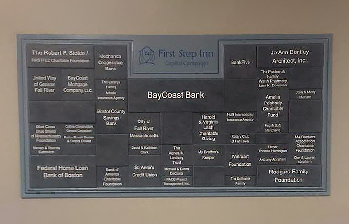 Laser engraved & color filled Corian donor wall. Overall size measures 30 in. x 58 in.