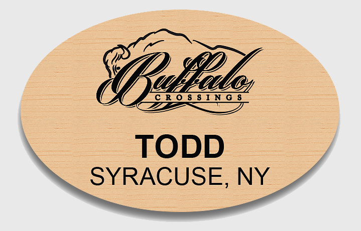 2.75 in. x 1.75 in. Birch/black plastic oval name tag with laser engraved logo, name & title with magnet backing