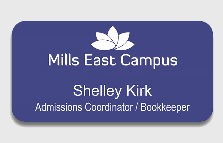 1.50 in. x 3 in. Purple/white plastic name tag with rounded corners, laser engraved logo, name & title with magnet backing