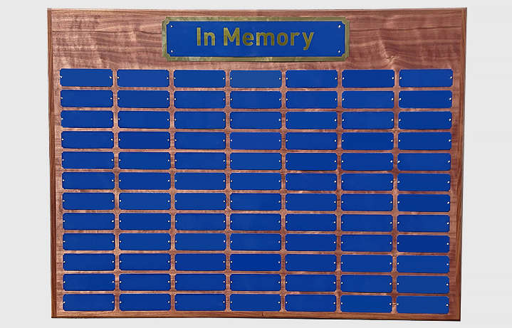 3 foot x 4 foot custom perpetual in memory plaque with 84 blue metal plates measuring 2 in. x 6 in