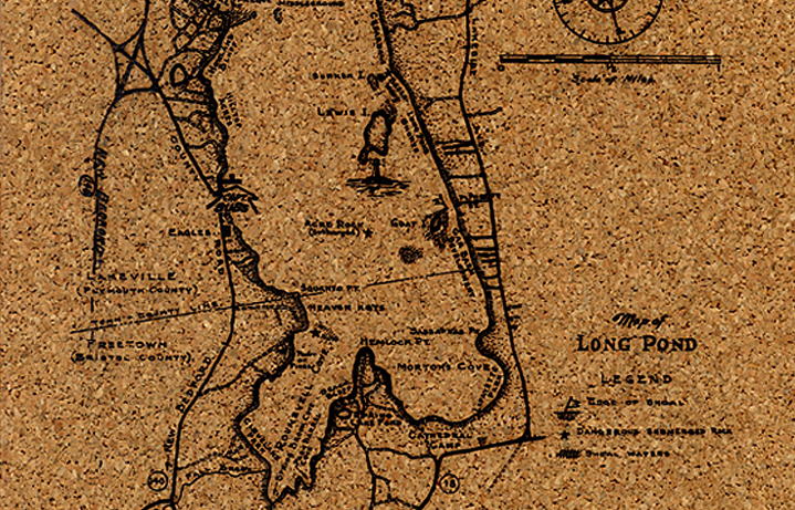 Engraved map on cork, measures 6 in. x 8 in