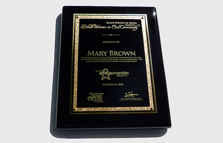 Laser engraved black piano finish recognition plaque
