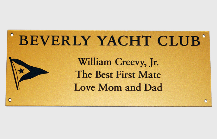 Laser engraved 1.5 in x 4 in. outdoor weatherable smooth gold/black plastic plate to be attached to adirondack chairs