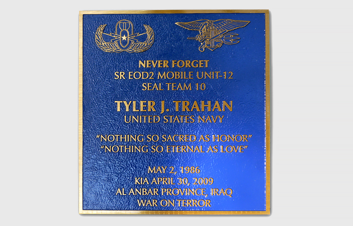 13 in. x 14 in. Bronze memorial plaque with raised letters, medium blue stain, leatherette background, & concealed studs