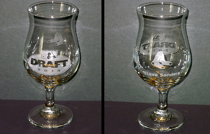 Laser engraved wine glasses featuring the 2014 MLB Draft logo on one side and the Red Sox logo and a name underneath